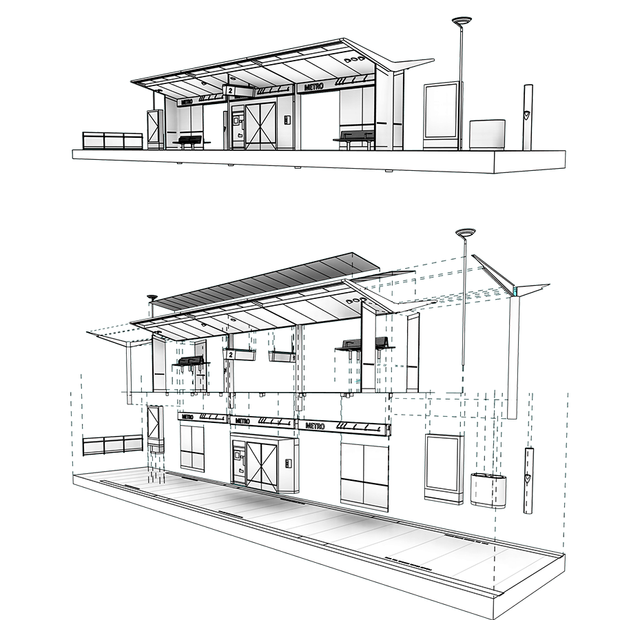 A 3D detailed model of a tram station exploded into its prefabricated building components.